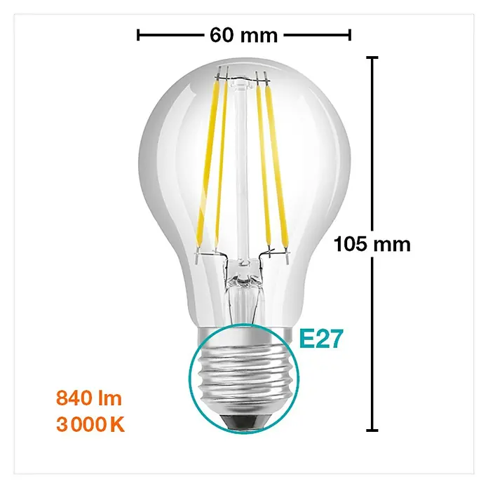 Ledvance LED-Lampe Glühlampenform E27 klarE27, Nicht Dimmbar, Warmweiß, 840 lm, 4 W