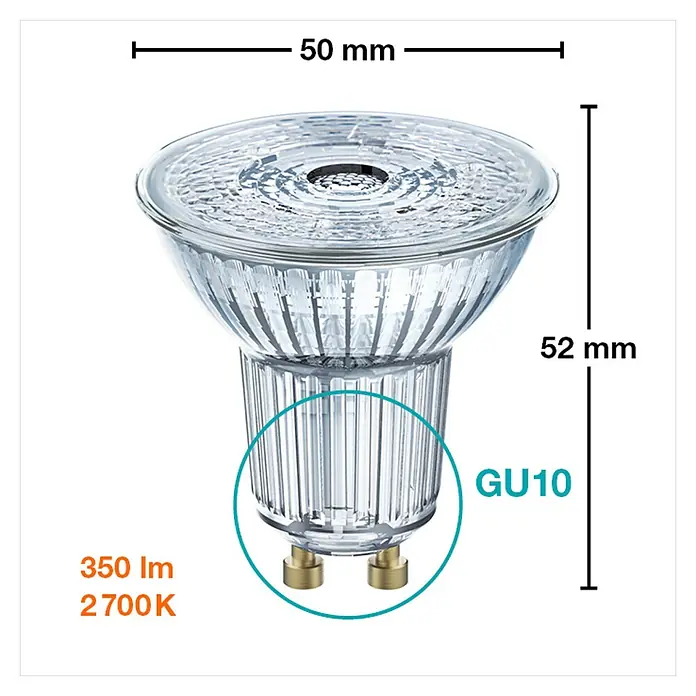 Osram LED-Lampen Set Reflektor GU10 - GU10, Nicht Dimmbar, Warmweiß, 350 lm, 4,3 W, 5 Stk. - GU10 LED-Lampe mit den Maßen 50 mm Breite und 52 mm Höhe, ideal für moderne Beleuchtungslösungen.