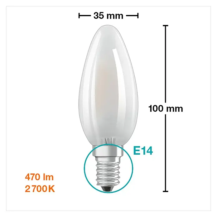 Osram Retrofit LED-Lampen Set Classic B - E14, Nicht Dimmbar, Warmweiß, 470 lm, 4 W, 5 Stk. - Produktbild einer E14 LED-Lampe in Kerzenform mit den Maßen 35mm Durchmesser und 100mm Länge.
