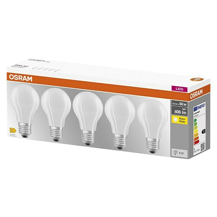 Osram Star Set LED sijalk v obliki žarnice E27 mat  (E27, Ni mogoče zatemniti, Toplo bela, 806 lm, 7 W, 5 kos, Mat) | LED luči | Svetlila | Elektro in svetila | Izdelki | BAUHAUS