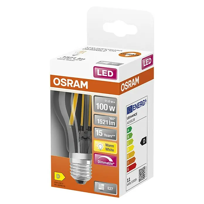 Osram Parathom Bombilla LED A100 - E27, Intensidad regulable, Blanco cálido, 1.521 lm, 12 W - Embalaje de una bombilla LED Osram de 11W, equivalente a una bombilla de 100W, que ofrece luz blanca cálida y es regulable.