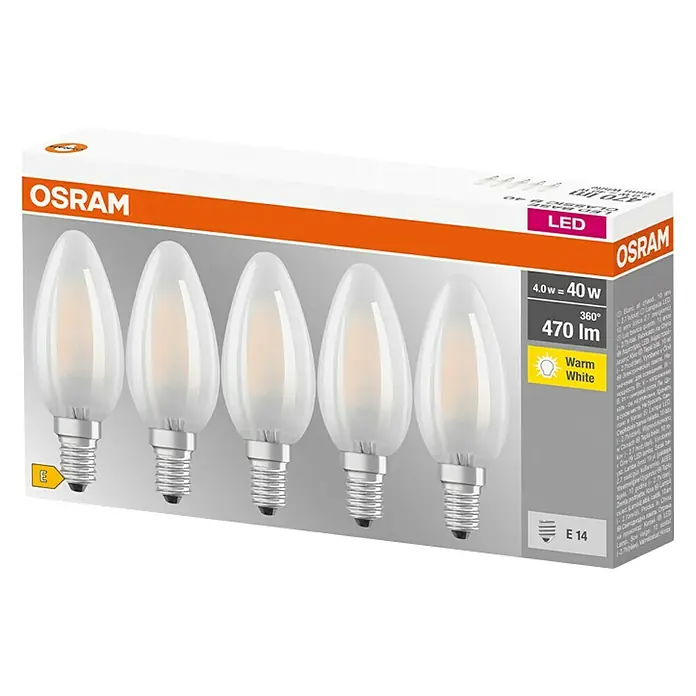 Osram Retrofit LED-Lampen Set Classic B - E14, Nicht Dimmbar, Warmweiß, 470 lm, 4 W, 5 Stk. - Packung mit 5 OSRAM LED-Glühbirnen in Tropfenform mit E14-Sockel, warmweißes Licht für stimmungsvolle Beleuchtung.