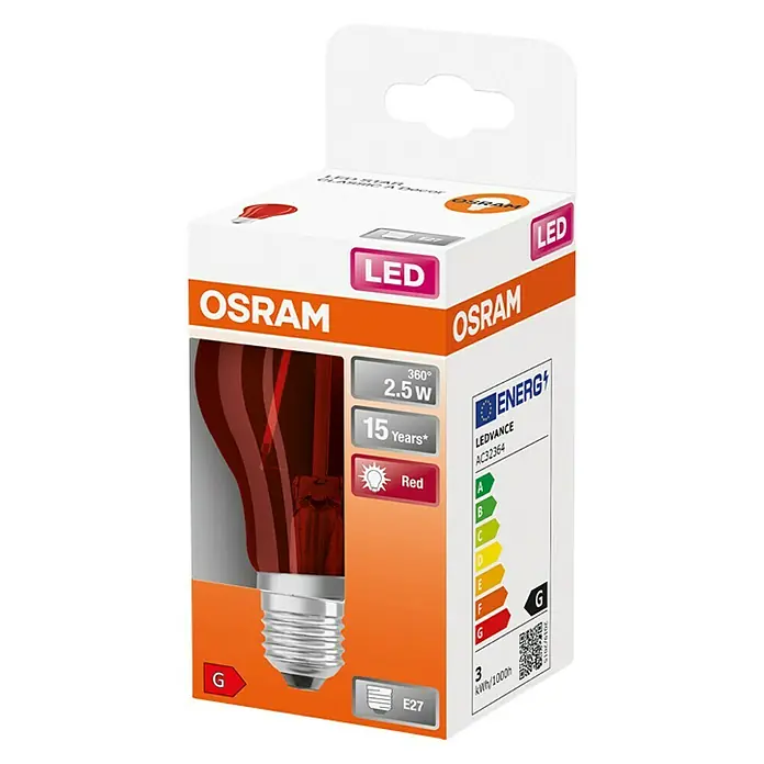 Osram Star LED-Lampe Vintage Glühlampenform E27 - E27, Nicht Dimmbar, Rot, 45 lm, 2,5 W, Farbe: Rot - Eine rote OSRAM LED Lampe mit E27-Sockel, 2.5W Leistung und einer Lebensdauer von 15 Jahren. Energieeffizienzklasse G.