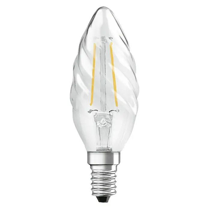 Osram Bombilla LED Retrofit Classic BW - E14, No regulable, Blanco cálido, 230 lm, 2 W - Bombilla LED de filamento transparente en forma de vela con base plateada para iluminación ambiental. Eficiente y de larga duración.