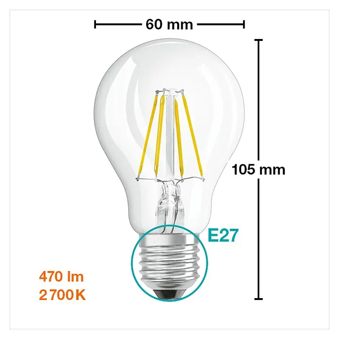 Osram Star LED-Lampen Set Glühlampenform E27 klar 2er Pack - E27, Nicht Dimmbar, Warmweiß, 470 lm, 4 W - Das Bild zeigt eine E27 Glühbirne mit den Maßen 60 mm Durchmesser und 105 mm Höhe. Die Lichtstärke beträgt 470 lm und 2700 K.