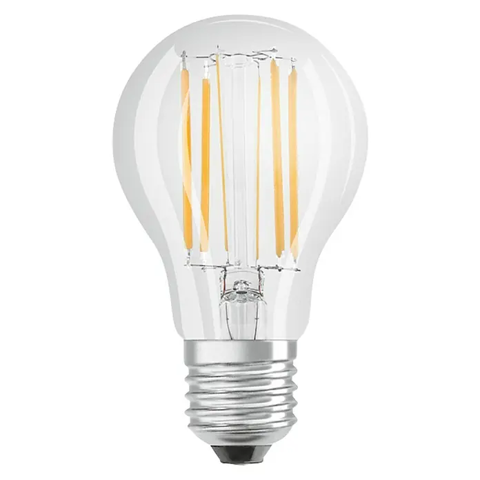 Osram Retrofit LED-Leuchtmittel Glühlampenform E27 matt - E27, Dimmbar, Kaltweiß, 1.055 lm, 9 W - Nahaufnahme einer klaren Glühbirne mit sichtbaren Glühfäden, die auf einem schwarzen Hintergrund für einen fokussierten Effekt isoliert ist.