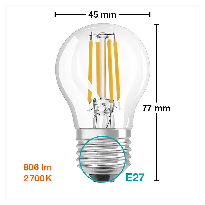 Osram Retrofit Bombilla LED Classic P 60 - E27, No regulable, Blanco cálido, 806 lm, 6 W - Imagen del producto de una bombilla LED E27 con dimensiones de 45 mm de ancho y 77 mm de alto, ideal para iluminación ambiental.
