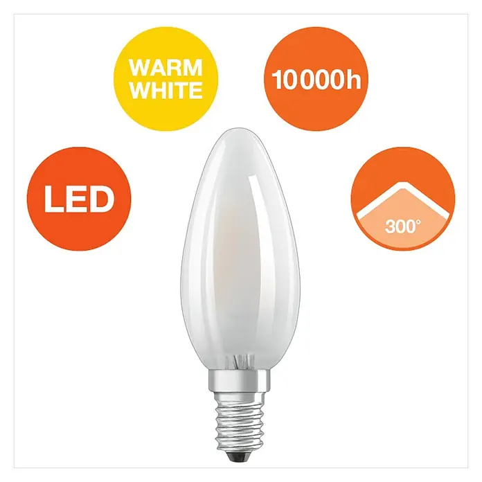 Osram Retrofit LED-Lampen Set Classic B - E14, Nicht Dimmbar, Warmweiß, 470 lm, 4 W, 5 Stk. - Nahaufnahme einer LED-Lampe mit E14-Sockel, die warmweißes Licht ausstrahlt und eine Lebensdauer von 10.000 Stunden sowie einen Abstrahlwinkel von 300° bietet.