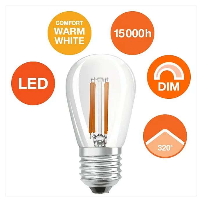Osram LED-Lampe Vintage Glühlampenform E27 - E27, Dimmbar, Warmweiß, 360 lm, 4,8 W - Nahaufnahme einer dimmbaren LED-Glühbirne mit warmweißem Licht, 15000 Stunden Lebensdauer und 320° Abstrahlwinkel.