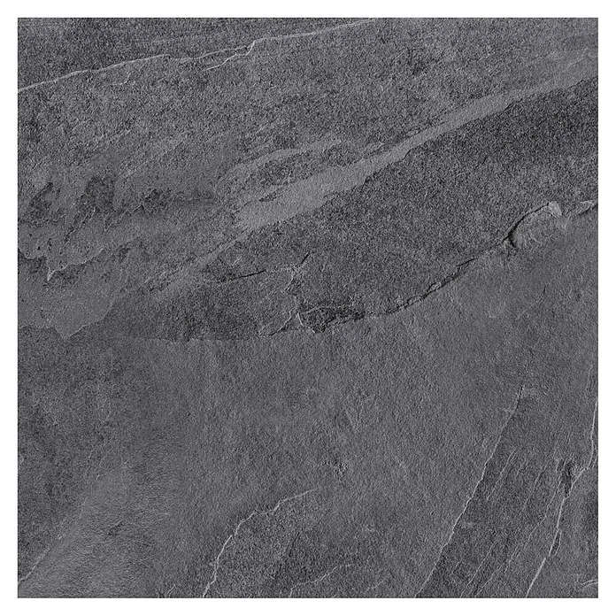 Pavimento porcelánico Aura - 60,5 x 60,5 cm, Antracita, Mate - Primer plano de una loseta de pizarra gris que muestra patrones y texturas naturales, ideal para interiores modernos.