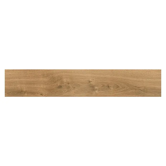 Pavimento porcelánico Illinois - 120 x 23,3 cm, Roble, Mate - Vista detallada de una baldosa de imitación madera en tonos marrones cálidos, resaltando el grano natural de la madera para un ambiente acogedor.