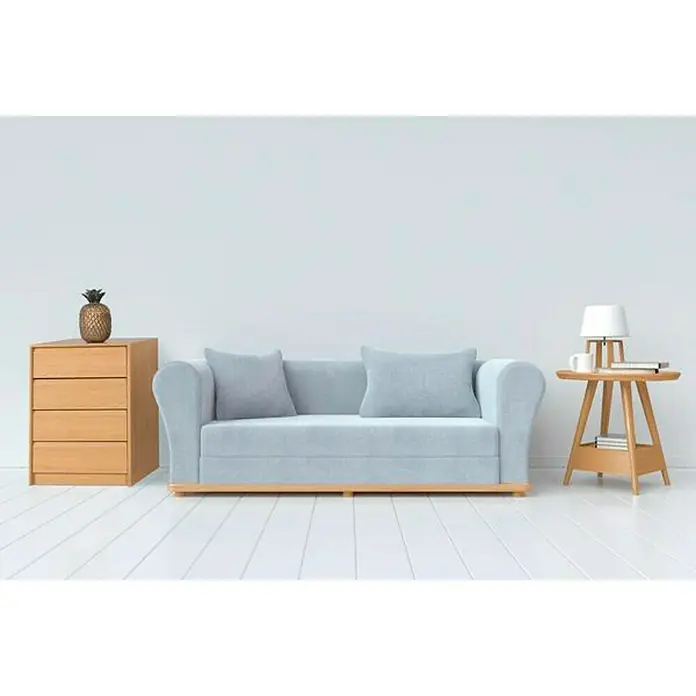 Cajonera montada - L x An x Al: 45 x 60 x 72 cm, Roble, Número de cajones: 4 ud. - Interior de sala de estar con sofá azul claro, cómoda de madera con piña y mesa auxiliar con lámpara para un ambiente acogedor.