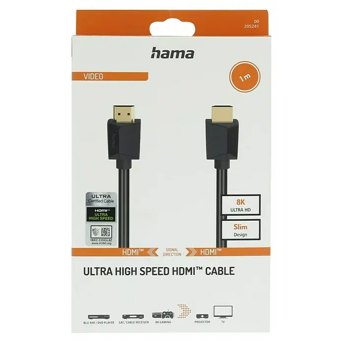 Hama HDMI-Kabel Ultra High Speed - Schwarz, 1 m - Abbildung einer Hama Ultra High Speed HDMI-Kabels für eine hochauflösende Videoübertragung in schlankem Design und einer Länge von 1 Meter.