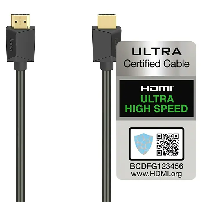 Hama HDMI-Kabel Ultra High Speed - Schwarz, 1 m - Nahaufnahme eines Hama Ultra High Speed HDMI-Kabels, das für höchste Bild- und Tonqualität zertifiziert ist.