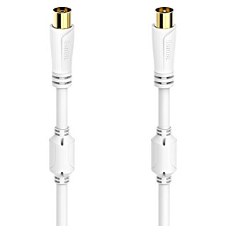 Hama Cable de conexión de antena (5 m, Blanco, 100 dB, Clavija coaxial, acoplador coaxial, Contactos con chapado dorado)