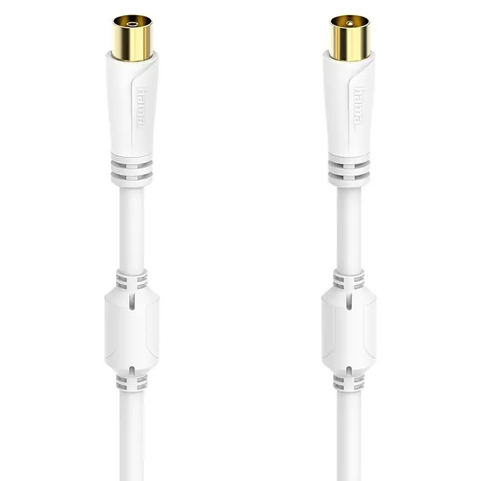Hama Antennen-Anschlusskabel - 5 m, Weiß, 100 dB, Koax-Stecker, Koax-Kupplung, Vergoldete Kontakte - Nahaufnahme von zwei weißen Hama Koaxialkabeln mit goldenen Anschlüssen auf schwarzem Hintergrund für TV- und Radioverbindungen.