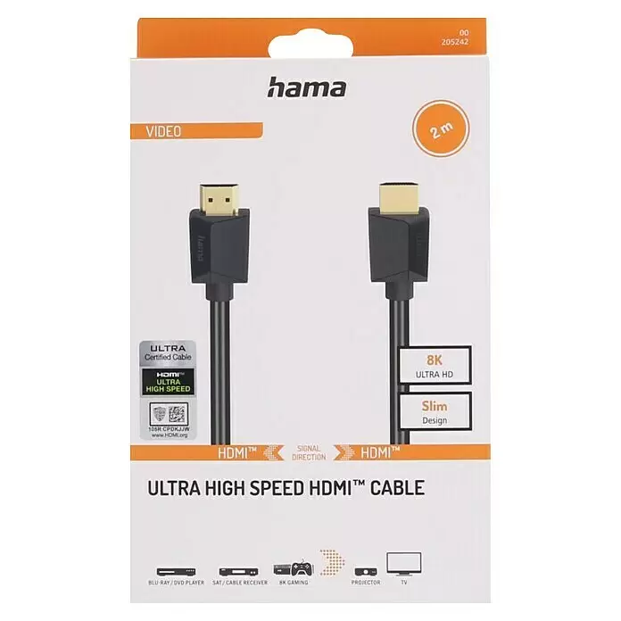 Hama HDMI-Kabel Ultra High SpeedSchwarz, 2 m, 48 Gbit/s, Vergoldete Kontakte