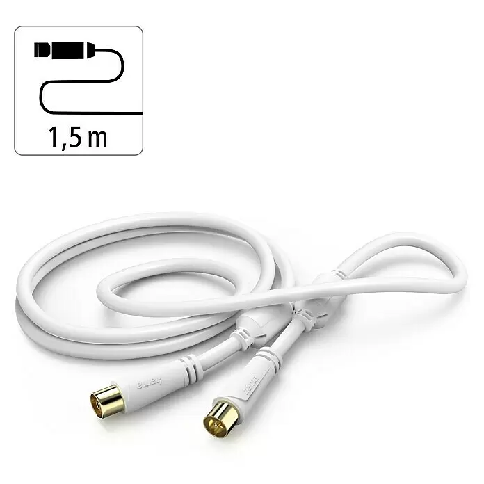 Hama Antennen-Anschlusskabel1,5 m, Weiß, 100 dB, Koax-Stecker, Koax-Kupplung, Vergoldete Kontakte