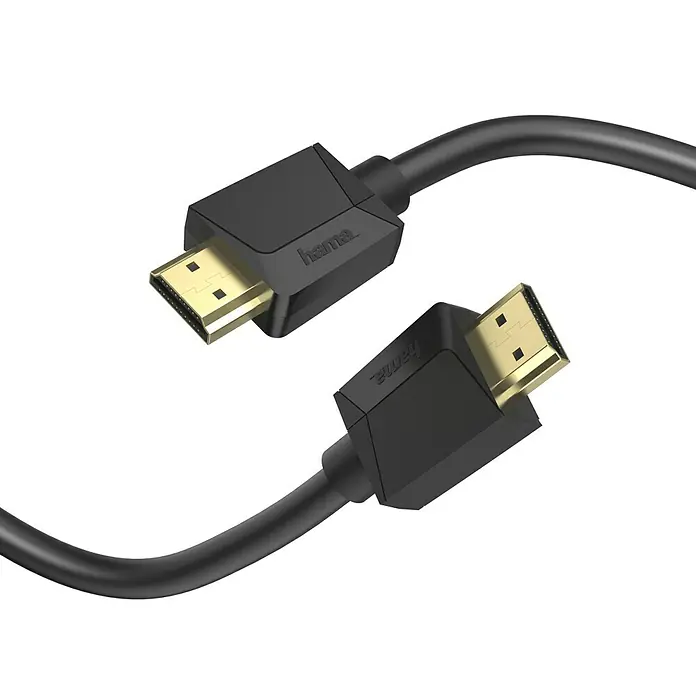 Hama HDMI-Kabel Ultra High SpeedSchwarz, 2 m, 48 Gbit/s, Vergoldete Kontakte - Nahaufnahme eines Hama HDMI-Kabels mit goldfarbenen Anschlüssen und schwarzer Ummantelung.