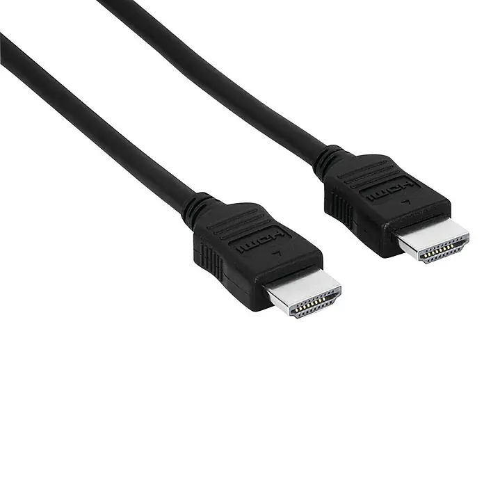 Hama HDMI-Kabel High Speed - Schwarz, 5 m - Naheaufnahme eines HDMI-Kabels mit Steckern an beiden Enden vor einem schwarzen Hintergrund, für hochwertige Video- und Audioübertragung.