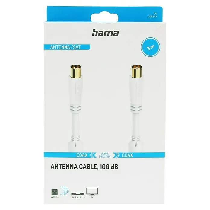 Hama Cable de conexión de antena - 3 m, Blanco, 100 dB, Clavija coaxial, acoplador coaxial, Contactos con chapado dorado - Embalaje del producto de un cable blanco Hama Antena/SAT con conectores coaxiales y una longitud de 3 metros.