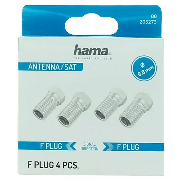 Hama F-Stecker 4 Stück - 6,8 mm - Vier silberfarbene Hama F-Stecker (6,8 mm) für Antenne/SAT, verpackt in einer weiß-blauen Schachtel.
