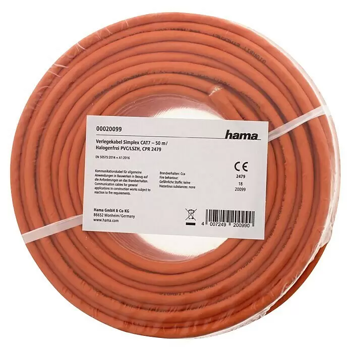 Hama Netzwerkleitung CAT 7 - Länge: 50 m, Orange, Bis zu 10 Gbit/s - Orangefarbenes, halogenfreies 50m CAT7 Simplex Verlegekabel, als Rolle aufgewickelt.