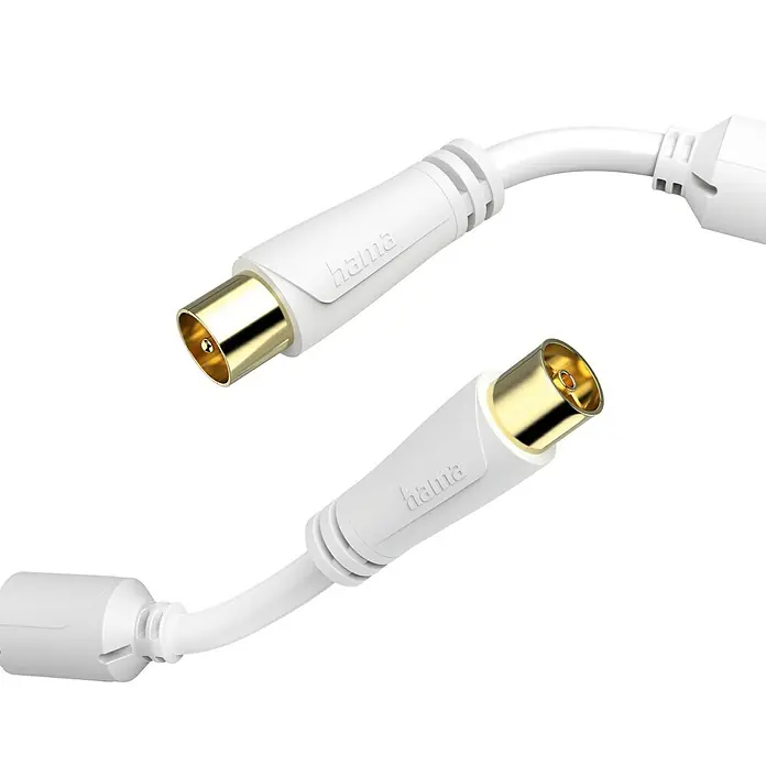 Hama Antennen-Anschlusskabel1,5 m, Weiß, 100 dB, Koax-Stecker, Koax-Kupplung, Vergoldete Kontakte - Abbildung eines weißen Koaxialkabels mit goldenen Anschlüssen, das für die Verbindung von Antennen verwendet wird.