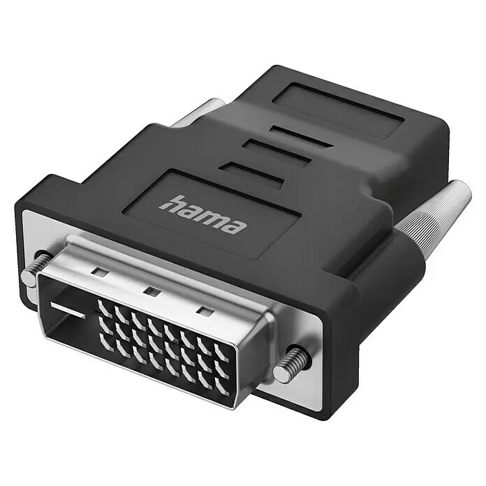 Hama Videoadapter DVI-Stecker - HDMI-Buchse - 4K (4096 x 2160 Pixel) - Schwarzer Hama DVI-zu-Scart-Videoadapter mit silbernen Anschlüssen und Schraubbefestigungen.