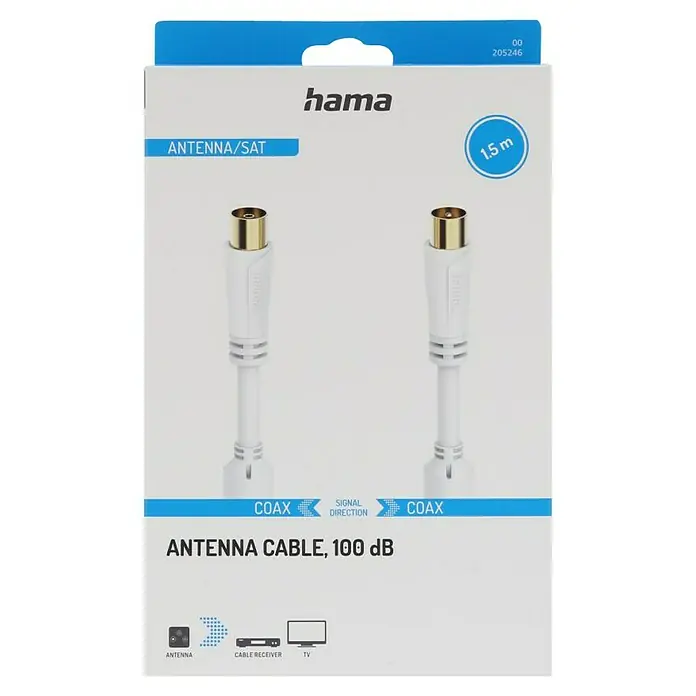 Hama Antennen-Anschlusskabel - 1,5 m, Weiß, 100 dB, Koax-Stecker, Koax-Kupplung, Vergoldete Kontakte - Antennenkabel von Hama, 1,5 m lang, für Antennen- und Satellitenanschlüsse mit einem Schirmungsmaß von 100 dB für optimale Signalqualität.