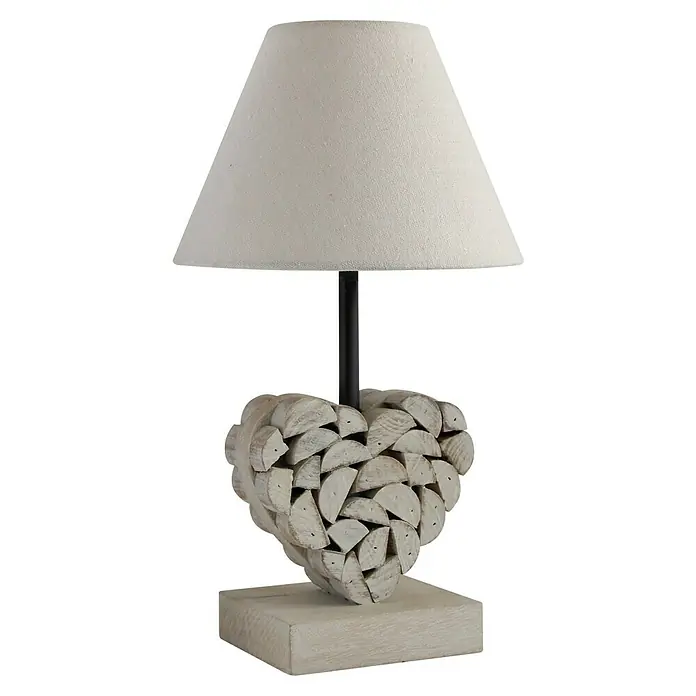 Idp Lampshades Lámpara de sobremesa Carlita - 40 W, L x An x Al: 20 x 20 x 36 cm, Natural, E27 - La lámpara de mesa en forma de corazón con pantalla blanca, hecha de piezas de madera, aporta un toque rústico a cualquier habitación.