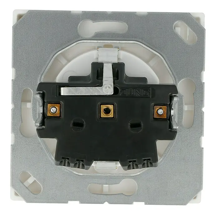 Jung LS 990 Steckdose LS1520WW - Alpinweiß, Glänzend, Kunststoff, Unterputzmontage - Nahaufnahme eines JUNG-Schalters, der die internen Mechanismen und die Qualität der Konstruktion hervorhebt. Ideal für Elektriker und Designinteressierte.