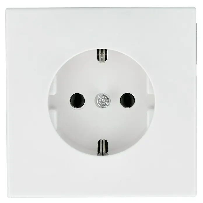 Jung LS 990 Steckdose LS1520WW - Alpinweiß, Glänzend, Kunststoff, Unterputzmontage - Nahaufnahme einer weißen Schuko-Steckdose, die in einer Wand montiert ist. Sie hat zwei Löcher und einen Erdungskontakt.