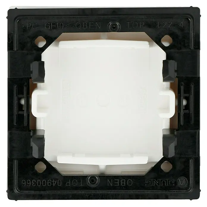 Jung AS 500 Universalwippe AS591WW - Alpinweiß, Kunststoff, IP20 - Nahaufnahme einer JUNG-Schalterabdeckung aus PC GF10, mit Beschriftungen wie "OBEN" und "TOP".