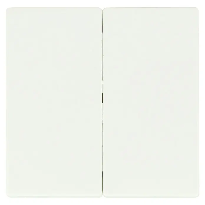 Merten 1-M Serienschalterwippe 432519 - Polarweiß, Hochglänzend, Kunststoff, Unterputzmontage - Nahaufnahme eines weißen Doppel-Lichtschalters, der eine moderne und minimalistische Ästhetik für die Innenraumgestaltung bietet.