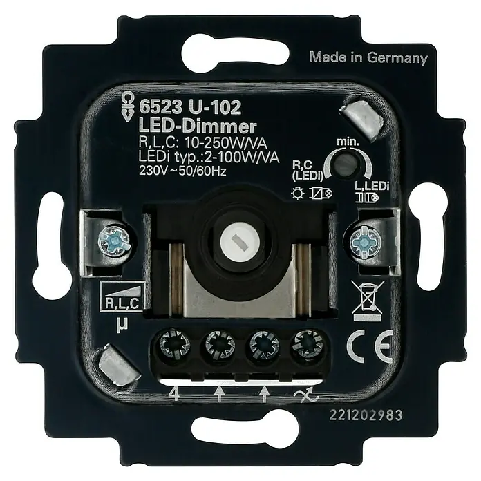 Busch-Jaeger LED-Dimmer 6523 U-102 - 230 V - Nahaufnahme eines schwarzen 6523 U-102 LED-Dimmers mit technischen Daten und Zertifizierungen, hergestellt in Deutschland.