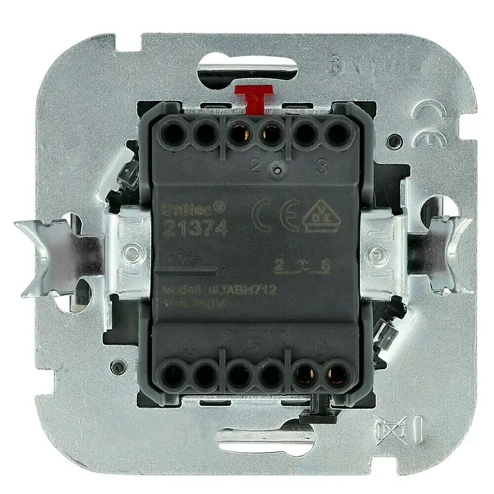 Voltomat FERA Taster - Edelstahl, Glänzend, Unterputzmontage, 10 A - Detailaufnahme eines Unitec SLTABH712 Schalters, der die Rückseite mit Klemmen und Befestigungsmechanismus zeigt.