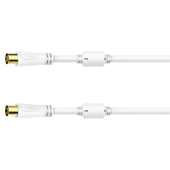 Hama Antennen-Anschlusskabel - 5 m, Weiß, 100 dB, Koax-Stecker, Koax-Kupplung, Vergoldete Kontakte - Zwei weiße Hama Antennenkabel mit vergoldeten Anschlüssen und Ferritkern zur Signalverbesserung auf schwarzem Hintergrund.