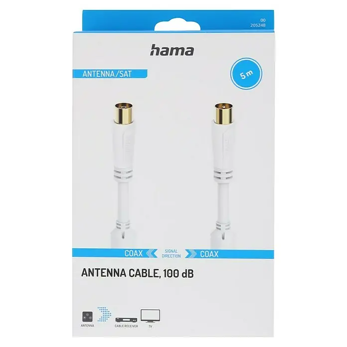 Hama Antennen-Anschlusskabel - 5 m, Weiß, 100 dB, Koax-Stecker, Koax-Kupplung, Vergoldete Kontakte - Ein Hama Antennenkabel (100 dB) in einer 5m Länge, ideal für den Anschluss von Antenne, Kabelreceiver oder TV für optimalen Signalempfang.