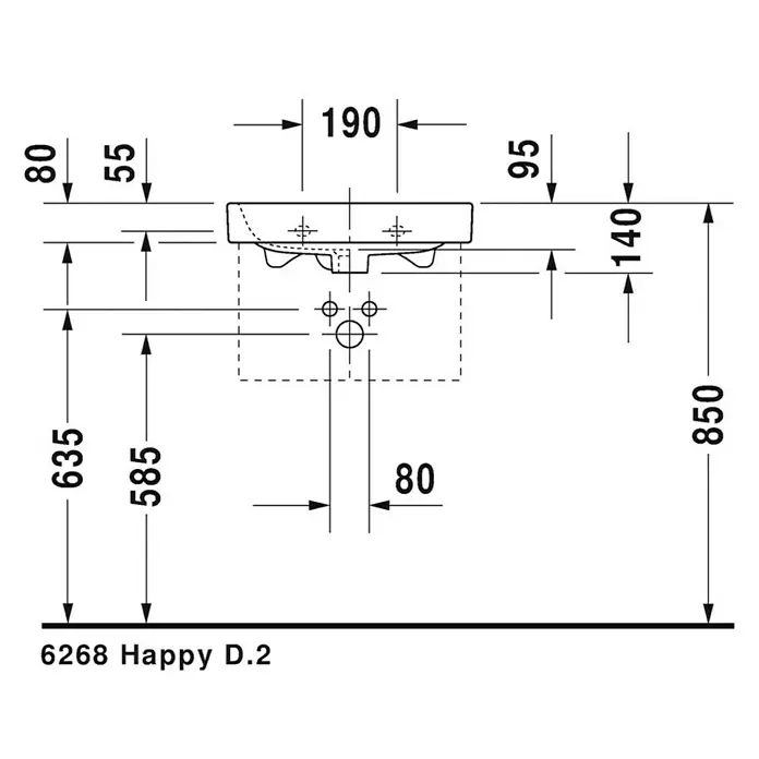 Duravit Happy D.2 Waschbecken - 50 x 36 cm, Ohne Spezialglasur, Hahnloch: Mitte, Mit Überlauf, Weiß, Waschbecken geeignet für: Möbel - Abbildung eines Happy D.2 Waschtisches mit Maßangaben für die Installation.