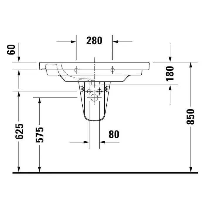 Duravit D-Code Waschtisch - 85 x 48 cm, Ohne Spezialglasur, Hahnloch: Mitte, Mit Überlauf, Weiß - Technische Zeichnung eines Waschtisches mit Bemaßungen. Darstellung der Waschbeckenmaße in mm.