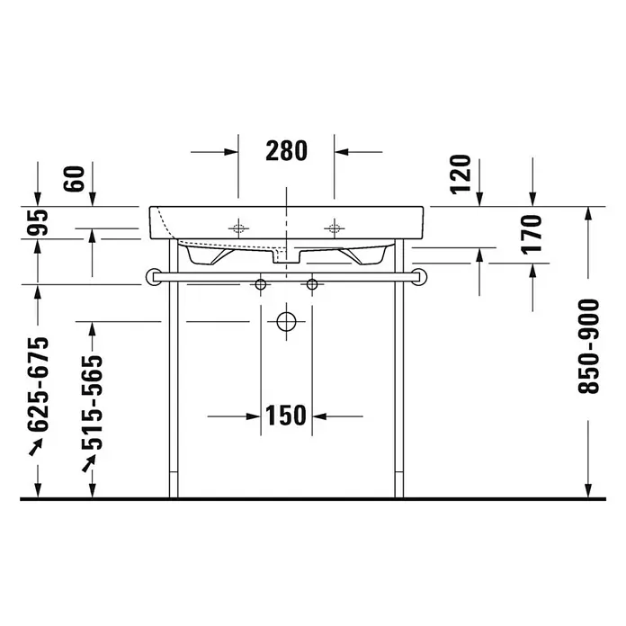 Duravit Happy D.2 Waschtisch - 80 x 50,5 cm, Ohne Spezialglasur, Hahnloch: Mitte, Mit Überlauf, Weiß, Ungeschliffen - Schematische Darstellung eines Waschbeckens mit Maßangaben für Installationszwecke.
