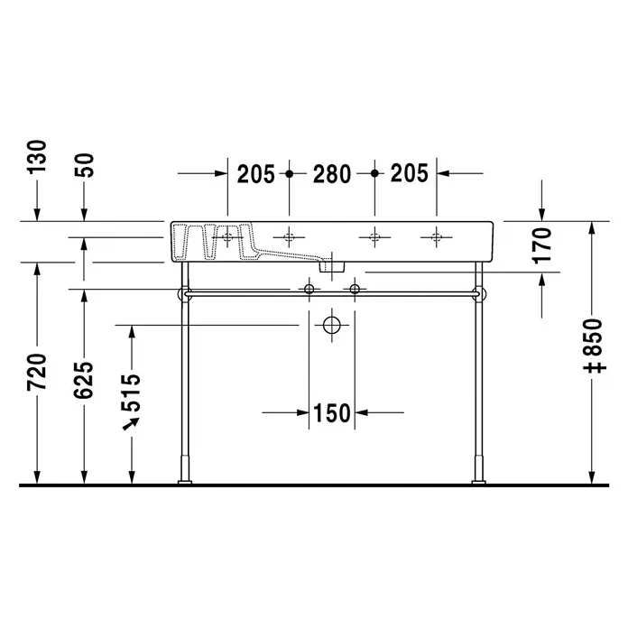 Duravit Vero Waschtisch - 105 x 49 cm, Ohne Spezialglasur, Hahnloch: Mitte, Mit Überlauf, Weiß, Ungeschliffen - Schemazeichnung eines Waschtisches mit Maßen, das die Höhe, Breite und Tiefe des Produkts darstellt.