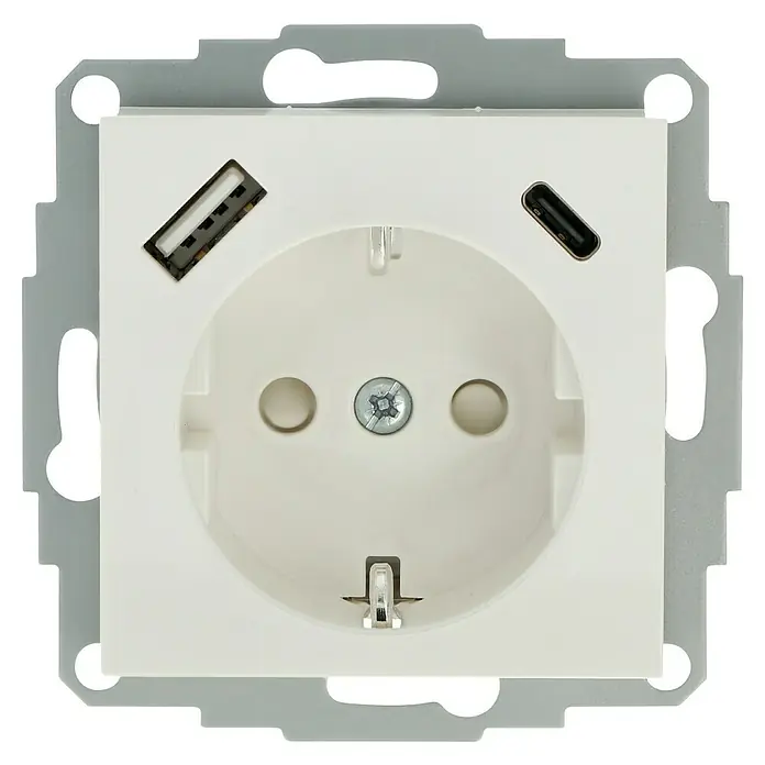 USB-Steckdose Typ A/C Standard - Erhöhter Berührungsschutz, Kunststoff, Unterputzmontage - Nahaufnahme einer weißen Steckdose mit USB- und USB-C-Anschlüssen, umgeben von einem grauen Rahmen für die Wandmontage.