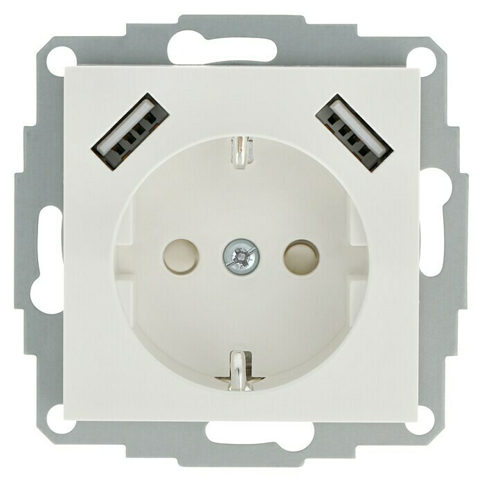 USB-Steckdose Typ A (Reinweiß, Glänzend, 16 A, 2 USB-Anschlüsse, Passend  für: Markenhersteller mit dem Standardmaß 55)