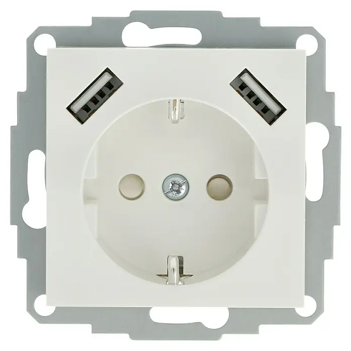 USB-Steckdose Typ A - Erhöhter Berührungsschutz, Reinweiß, Glänzend, Kunststoff, Unterputzmontage - Steckdose mit USB-Anschlüssen in einem modernen Design. Ideal zum Laden von Geräten ohne Adapter.