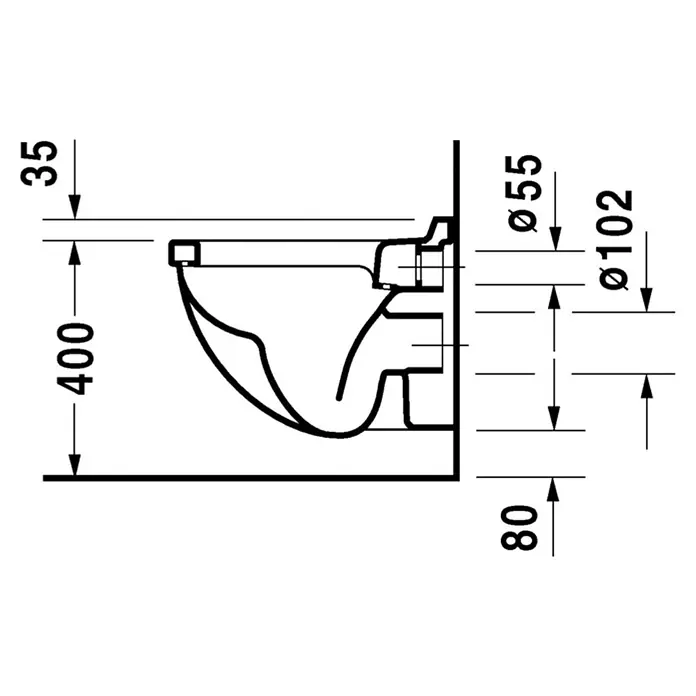 Duravit Starck 3 Wand-WC Compact - Mit Spülrand, Ohne Spezialglasur, Spülform: Tief, Sichtbarkeit Befestigung: Sichtbar, Weiß - Technische Zeichnung einer Wandtoilette mit Maßangaben für Installation.