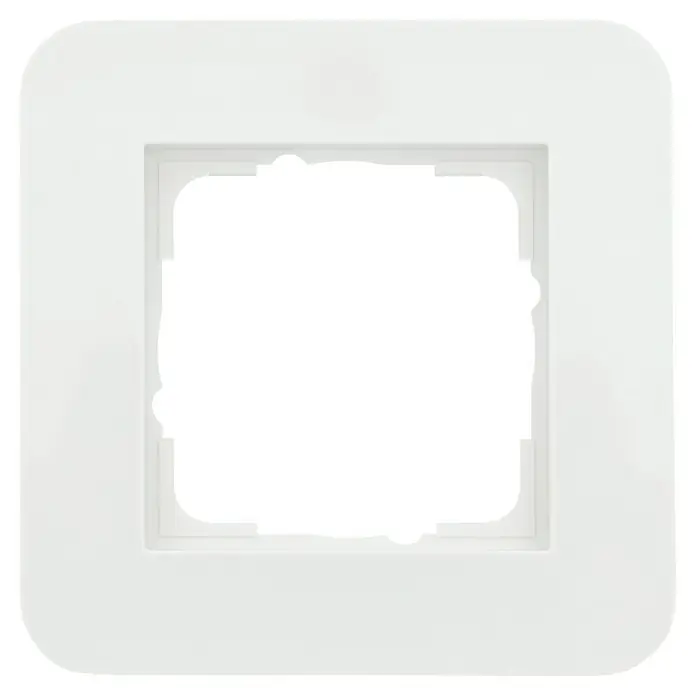 Gira E3 Abdeckrahmen 0211410 - Reinweiß glänzend, 1-fach, Kunststoff - Nahaufnahme einer weißen Schalterblende mit einer rechteckigen Aussparung. Ideal für moderne Wohnräume.