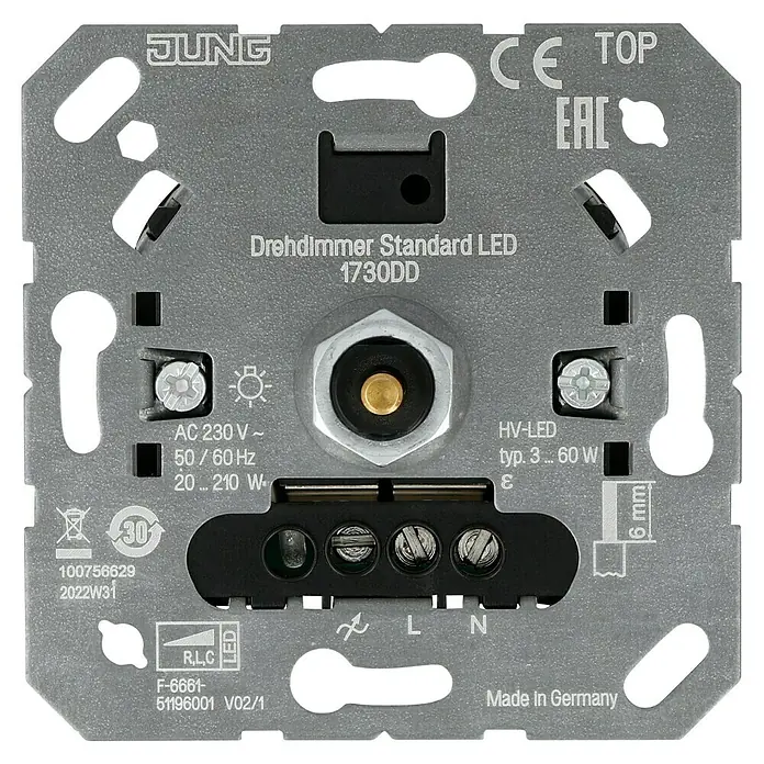Jung LED-Dimmer 1730 DD - Metall - Nahaufnahme eines JUNG Drehdimmer Standard LED 1730DD, der eine detaillierte Ansicht der elektrischen Komponenten und Anschlüsse zeigt.