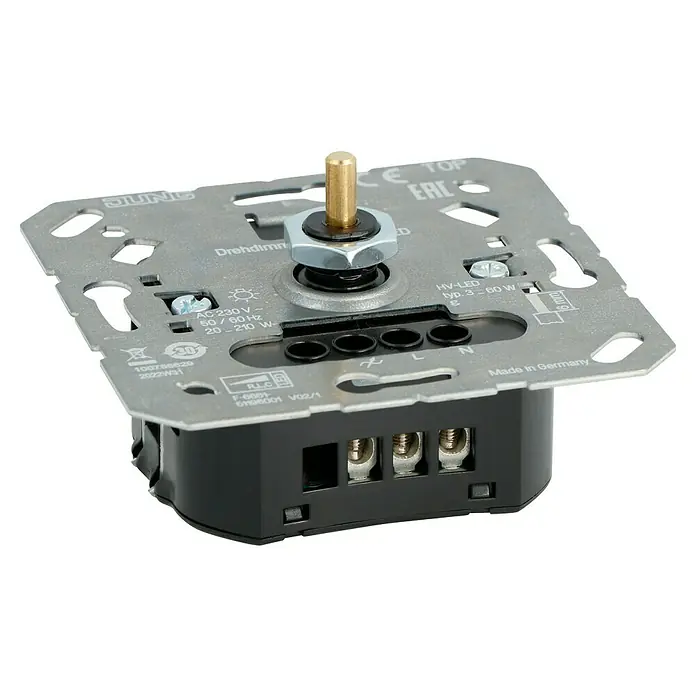 Jung LED-Dimmer 1730 DD - Metall - Nahaufnahme eines JUNG Drehdimmers mit sichtbaren Anschlüssen und technischer Beschriftung.